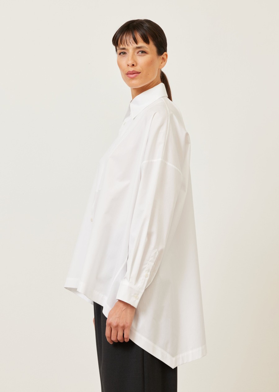 Women Eskandar | Smaller Front Larger Back Shirt With Collar And Bib Front-Mid Plus White