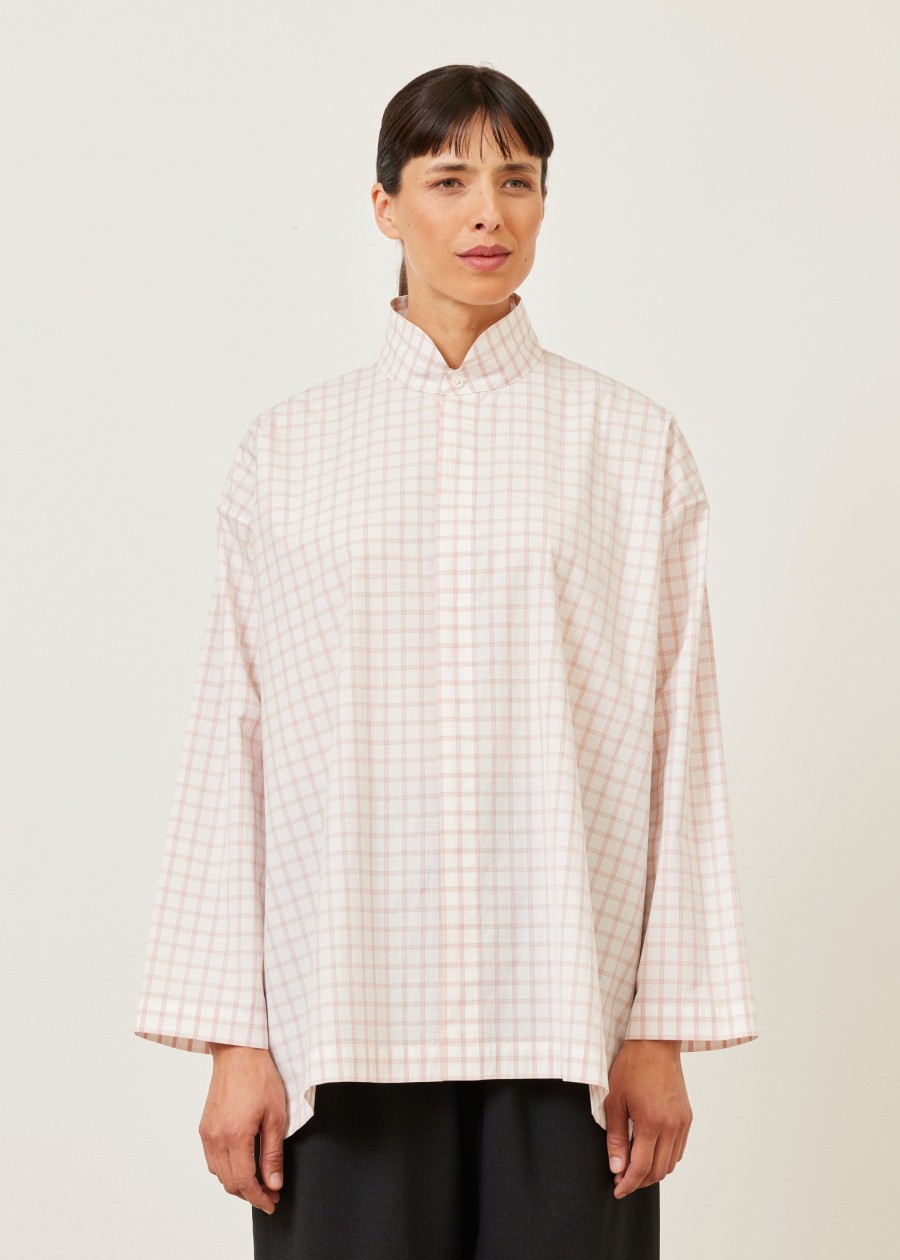 Women Eskandar | Slim A-Line Shirt With Double Stand Collar And Stepped Insert-Long Rosepowder