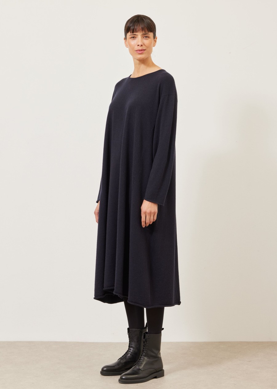 Women Eskandar | Side Panelled A-Line Bateau Neck Knit Dress Midnight