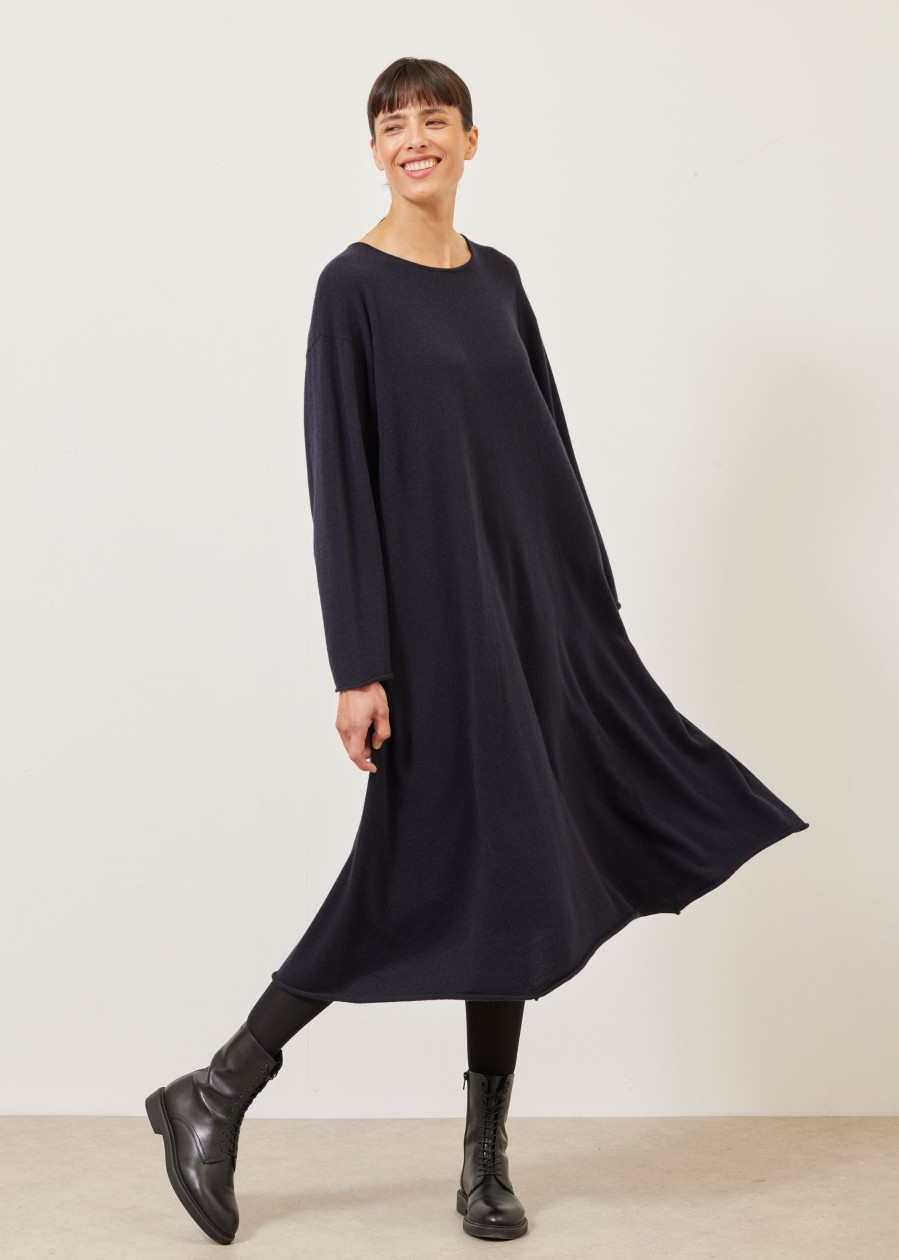 Women Eskandar | Side Panelled A-Line Bateau Neck Knit Dress Midnight