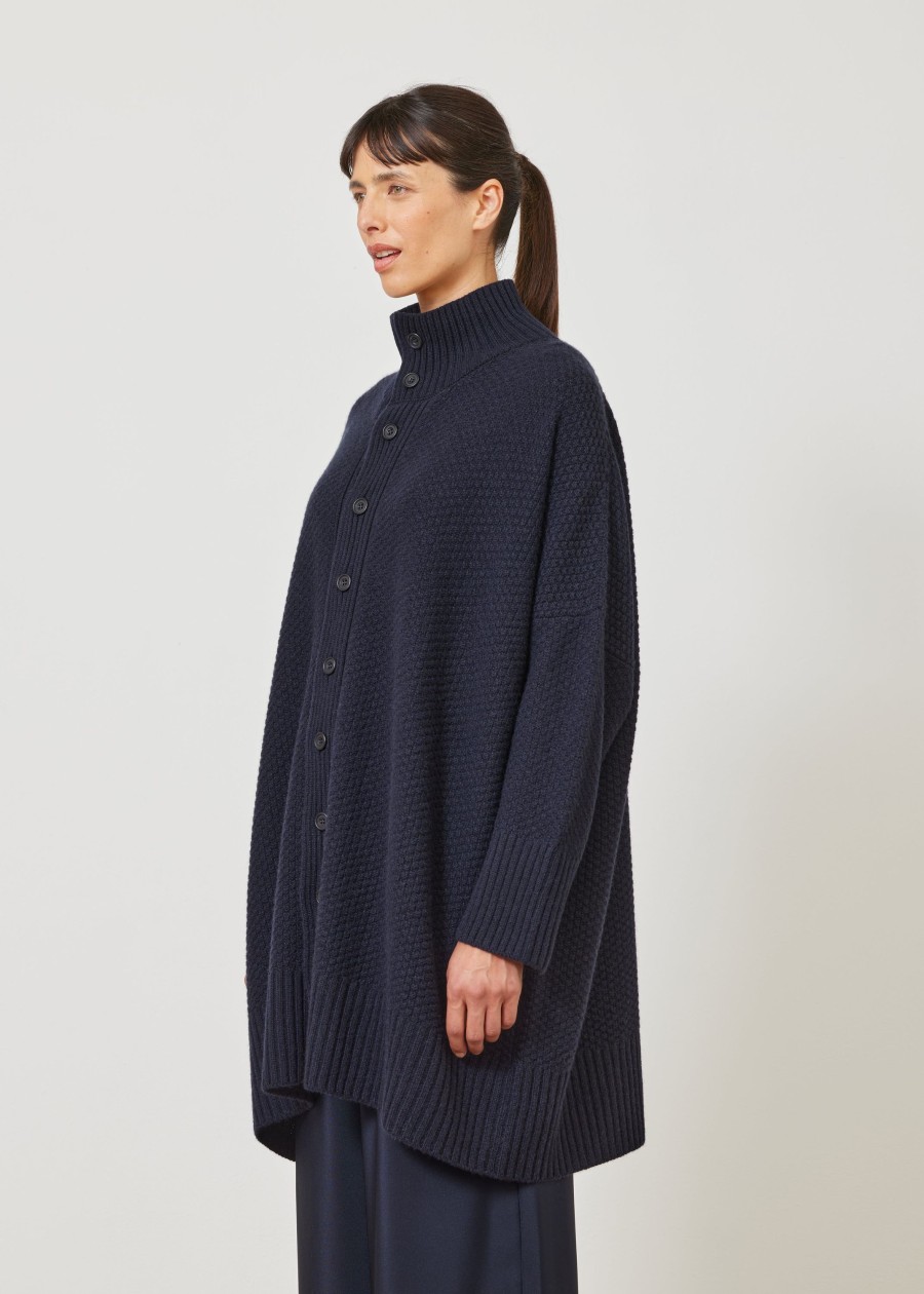 Women Eskandar | Wide High Neck Button Knit Cardigan-Long Plus Midnight