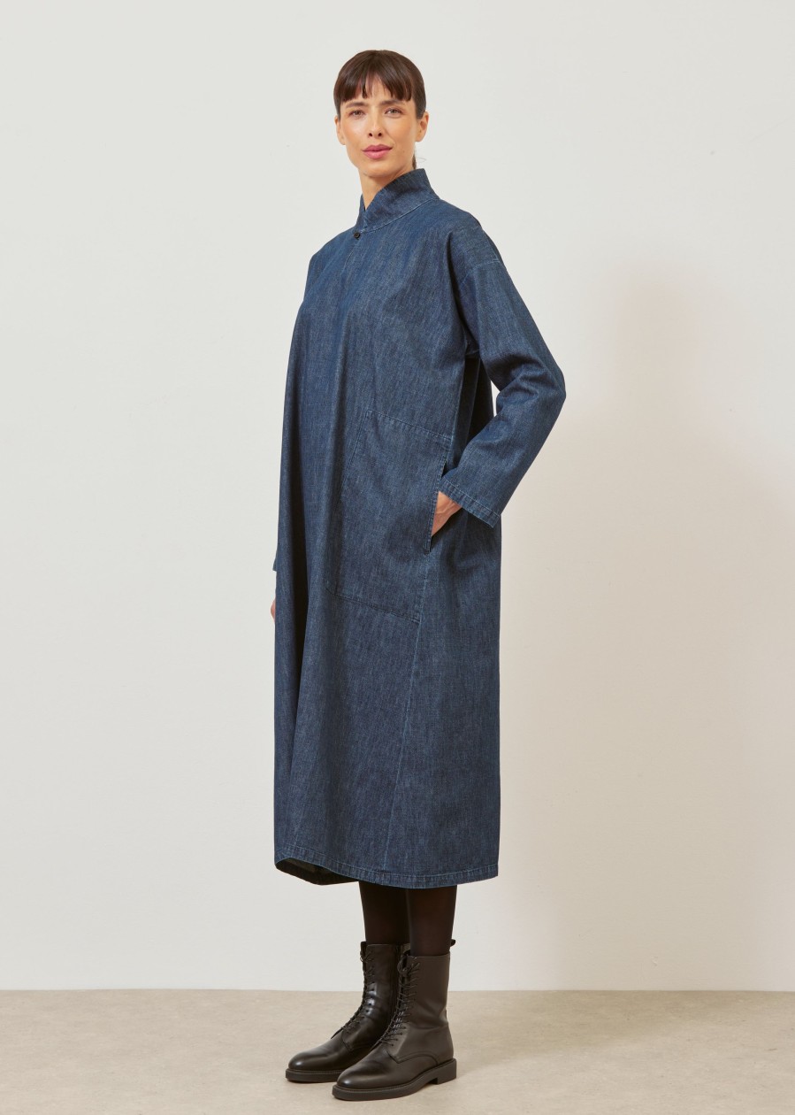 Women Eskandar | A-Line Denim Dress With Chinese Collar Jeandark