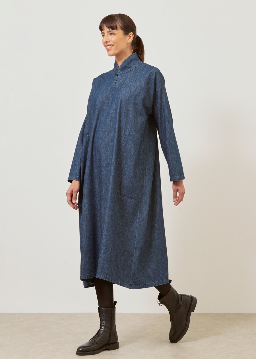 Women Eskandar | A-Line Denim Dress With Chinese Collar Jeandark