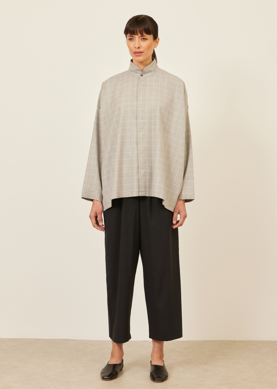 Women Eskandar | Wide A-Line Shirt With Double Stand Collar-Mid Plus Palegrey