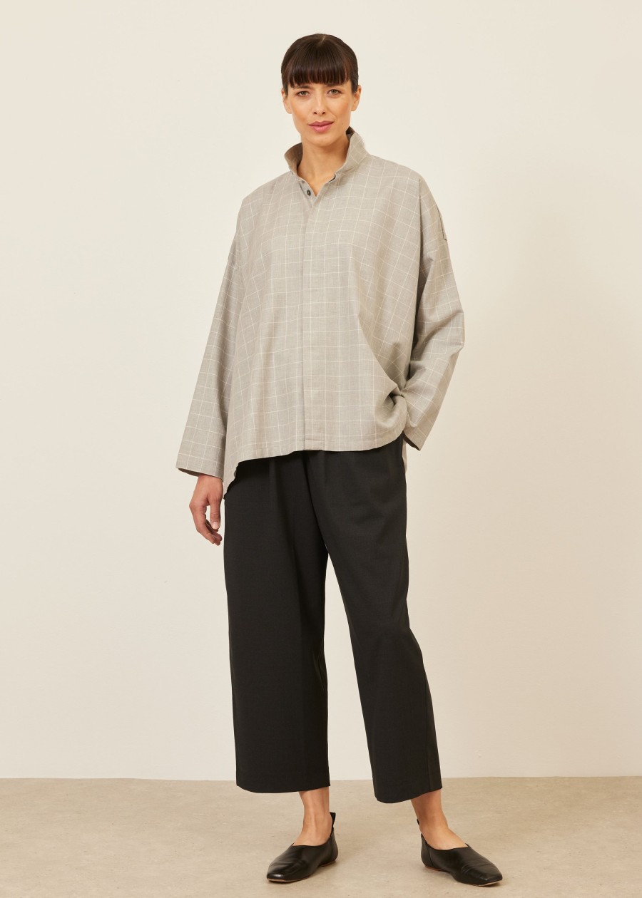 Women Eskandar | Wide A-Line Shirt With Double Stand Collar-Mid Plus Palegrey