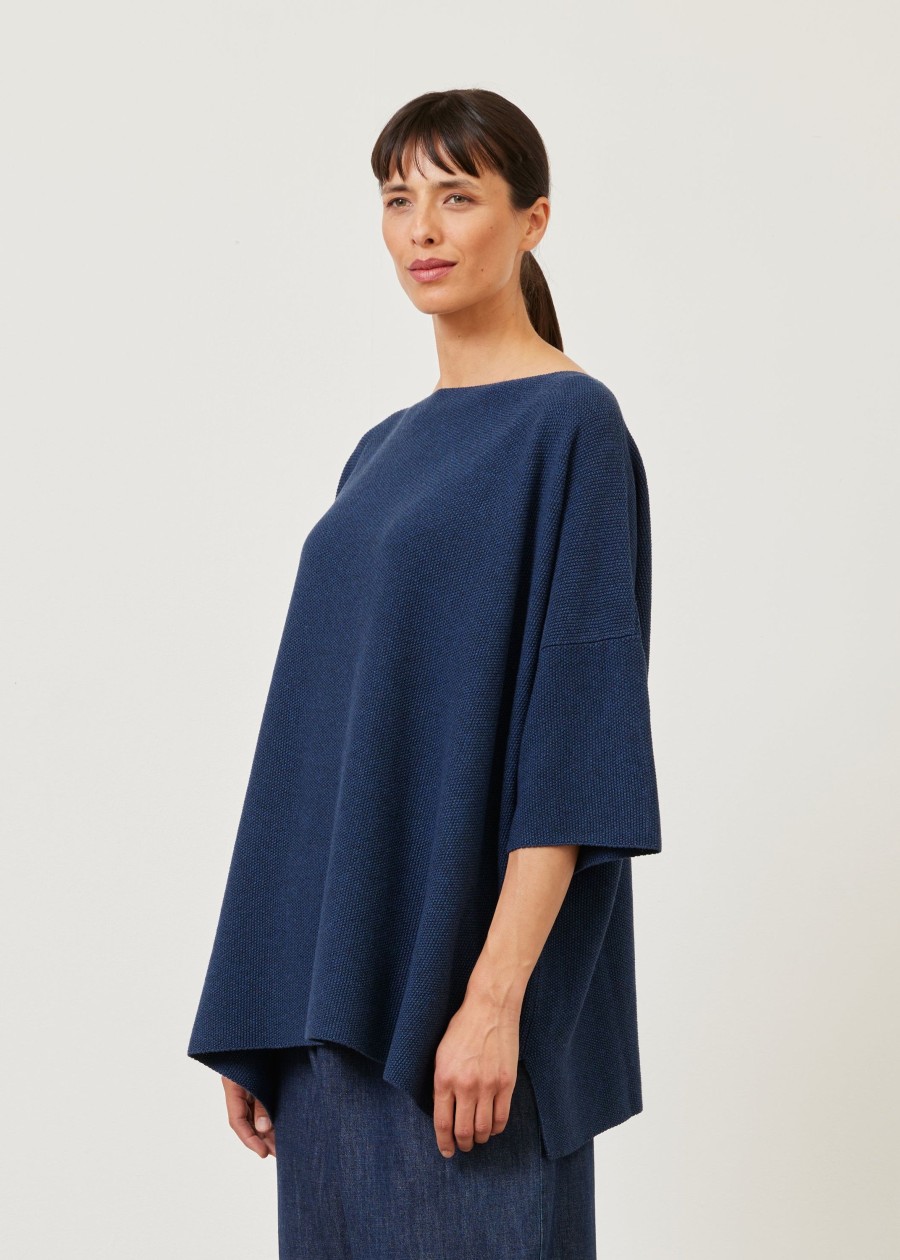 Women Eskandar | Knitted Square 3/4 Sleeve Top-Long Jeandark