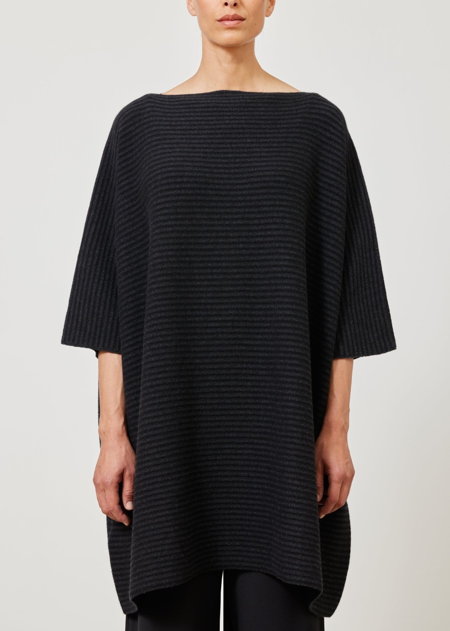 Women Eskandar | 3/4 Sleeve Wide Square Sweater-Very Long Black/Coal