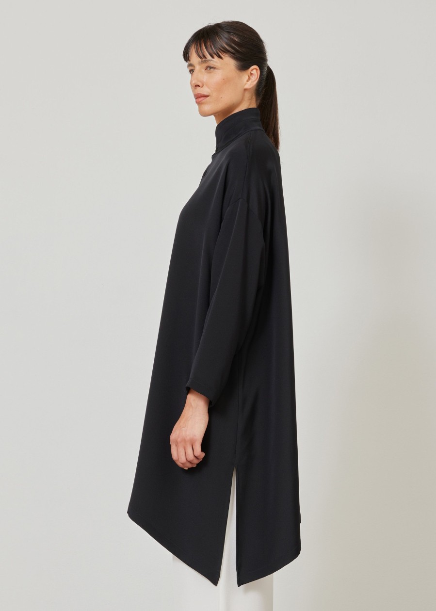 Women Eskandar | Wide A-Line Double Stand Collar Shirt-Very Long With Slits Black