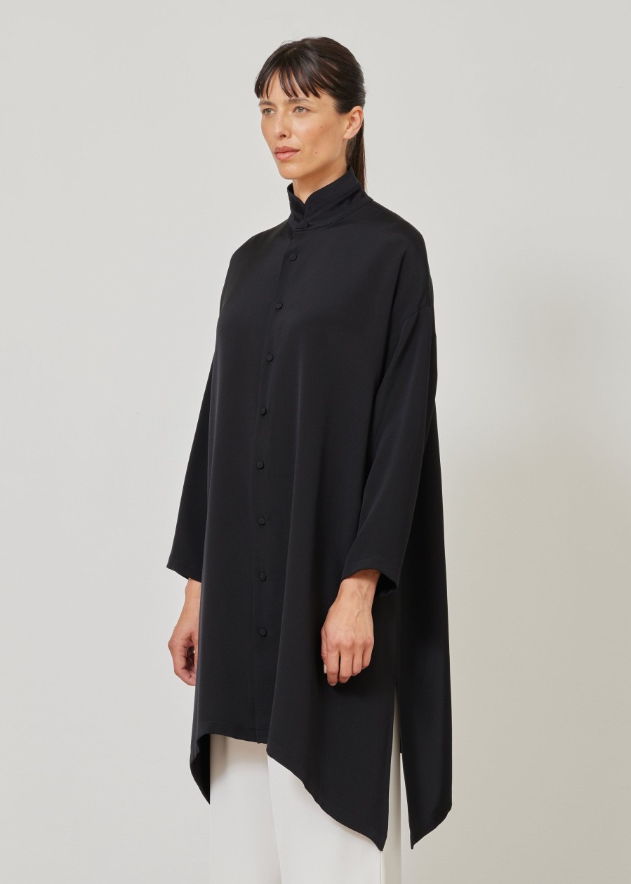 Women Eskandar | Wide A-Line Double Stand Collar Shirt-Very Long With Slits Black