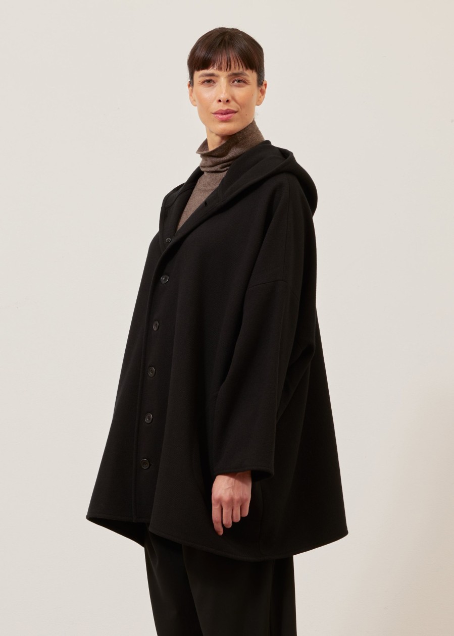 Women Eskandar | Wide Hooded Buttoned Coat-Long Plus Black