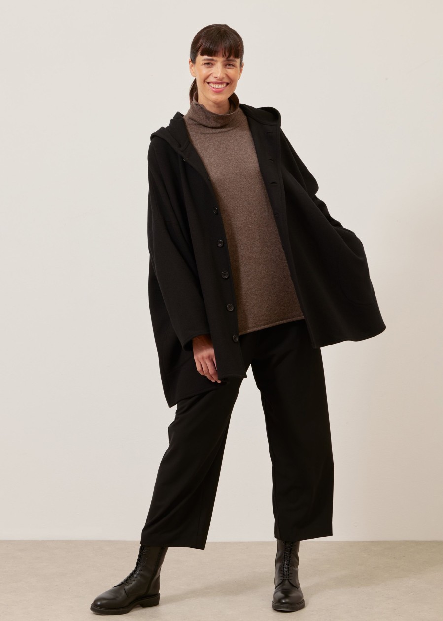 Women Eskandar | Wide Hooded Buttoned Coat-Long Plus Black