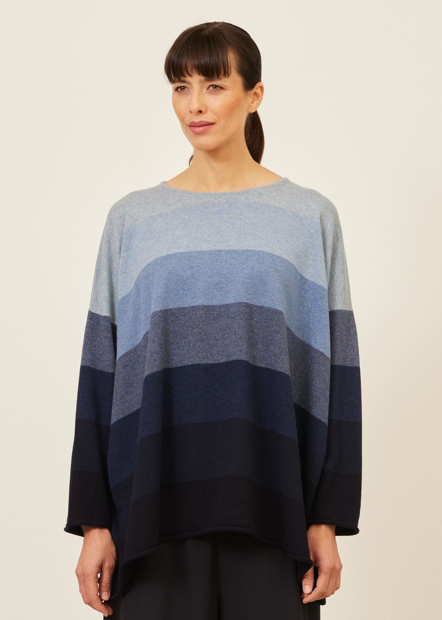 Women Eskandar | A-Line Bateau Neck Ombre Stripe Sweater-Long Blues