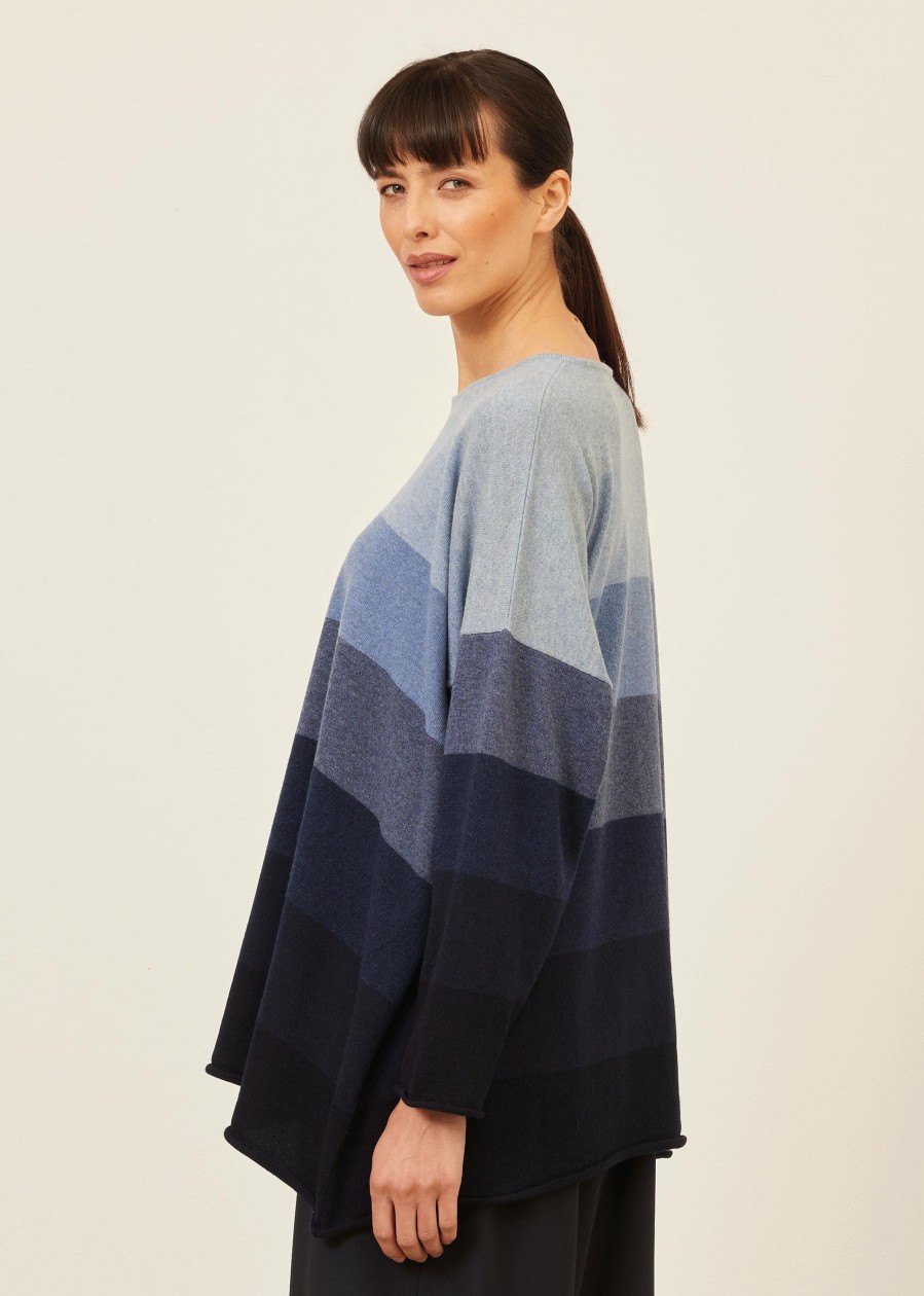 Women Eskandar | A-Line Bateau Neck Ombre Stripe Sweater-Long Blues