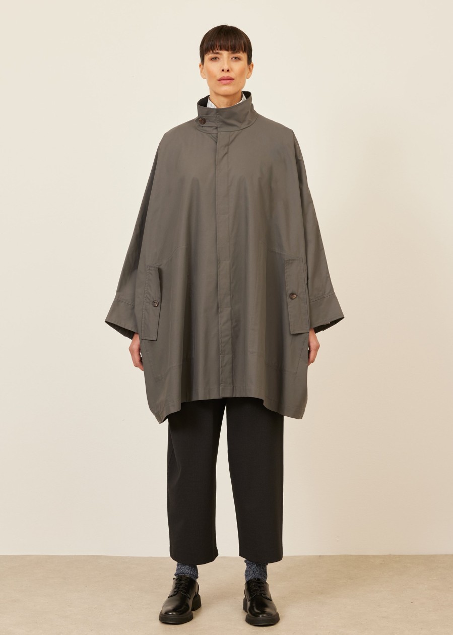 Women Eskandar | Extra Wide Sloped Shoulder Raincoat With Tabs-Very Long Grey