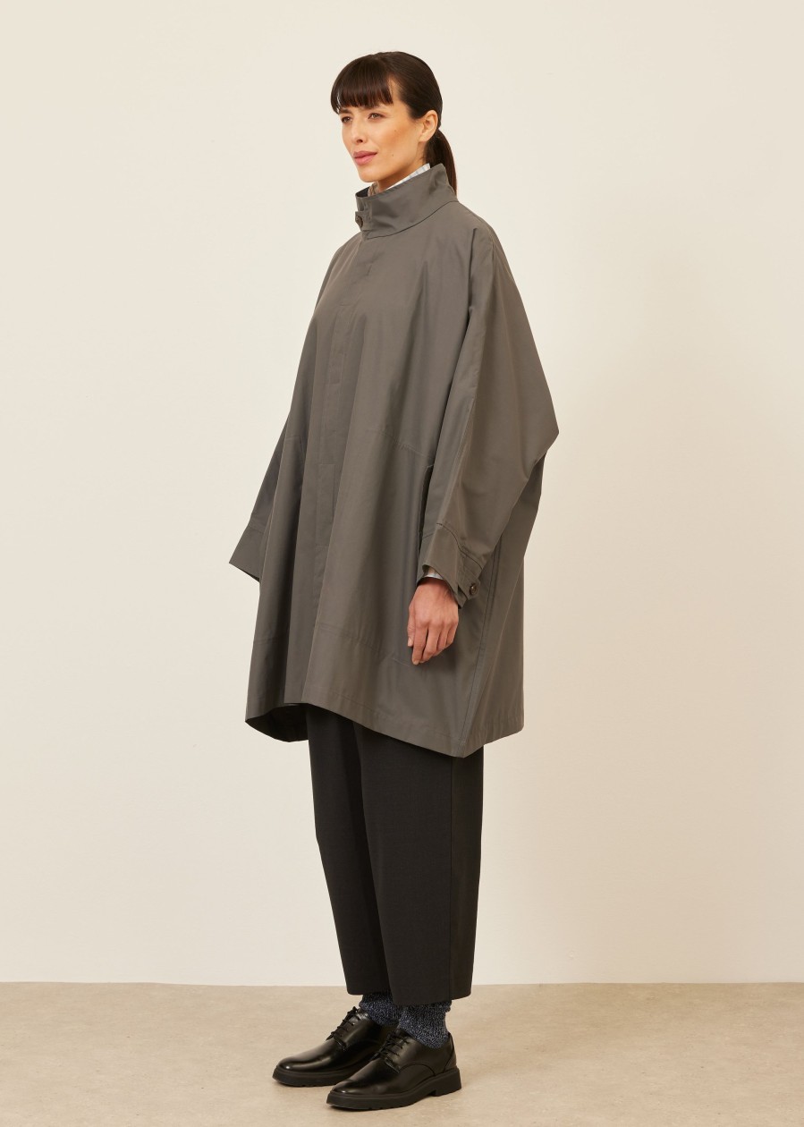 Women Eskandar | Extra Wide Sloped Shoulder Raincoat With Tabs-Very Long Grey