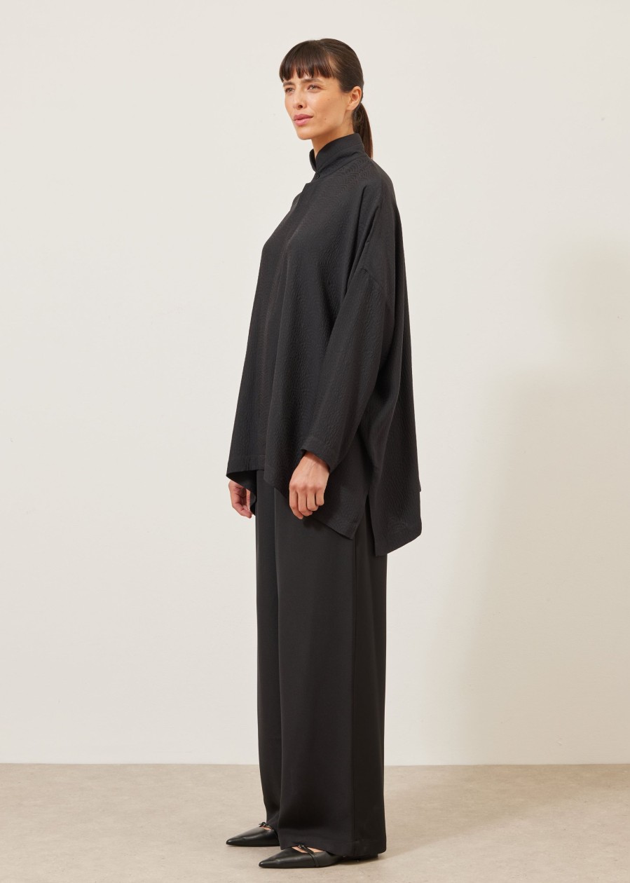 Women Eskandar | Wide Longer Back Double Stand Collar Shirt-Long Black