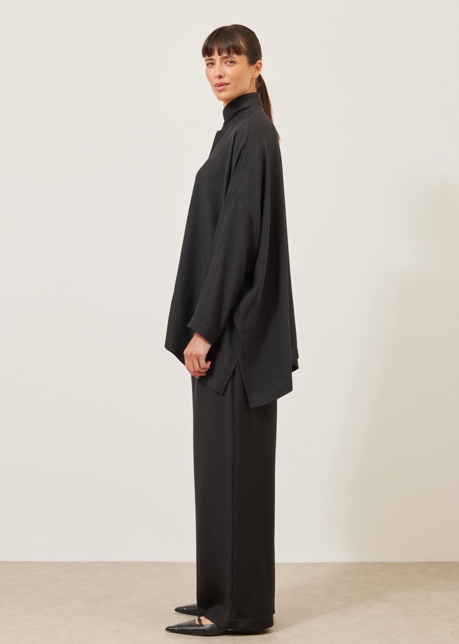 Women Eskandar | Wide Longer Back Double Stand Collar Shirt-Long Black