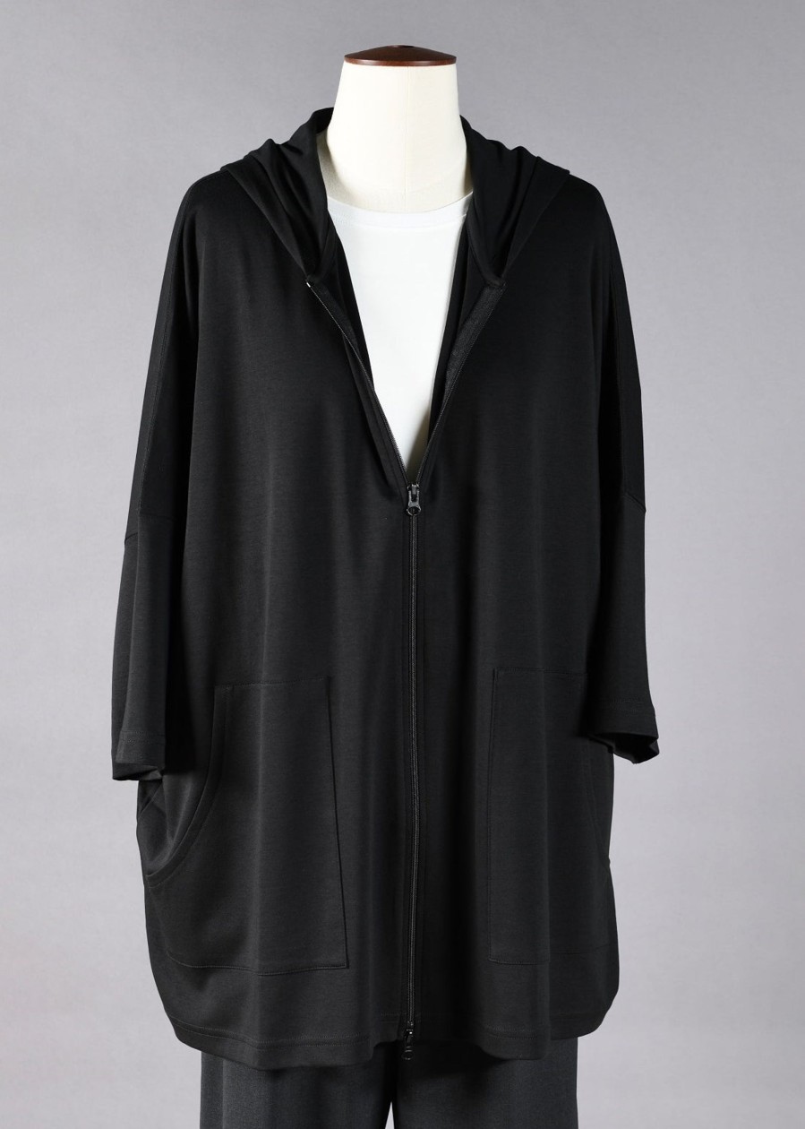 Women Eskandar | Sloped Shoulder Hooded Zipped Top-Long Black