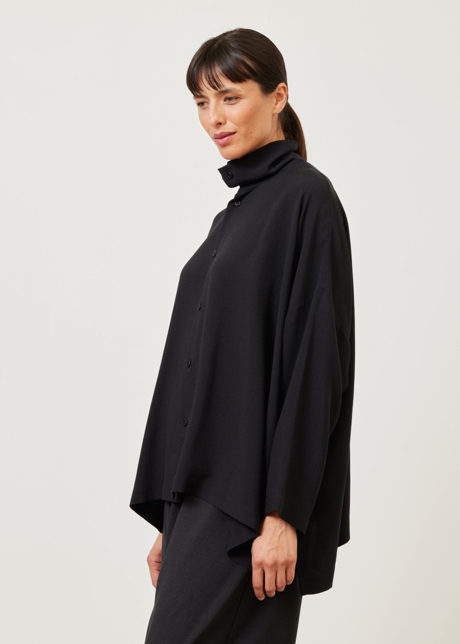 Women Eskandar | Wide Longer Back Scrunch Neck Shirt-Mid Plus Black