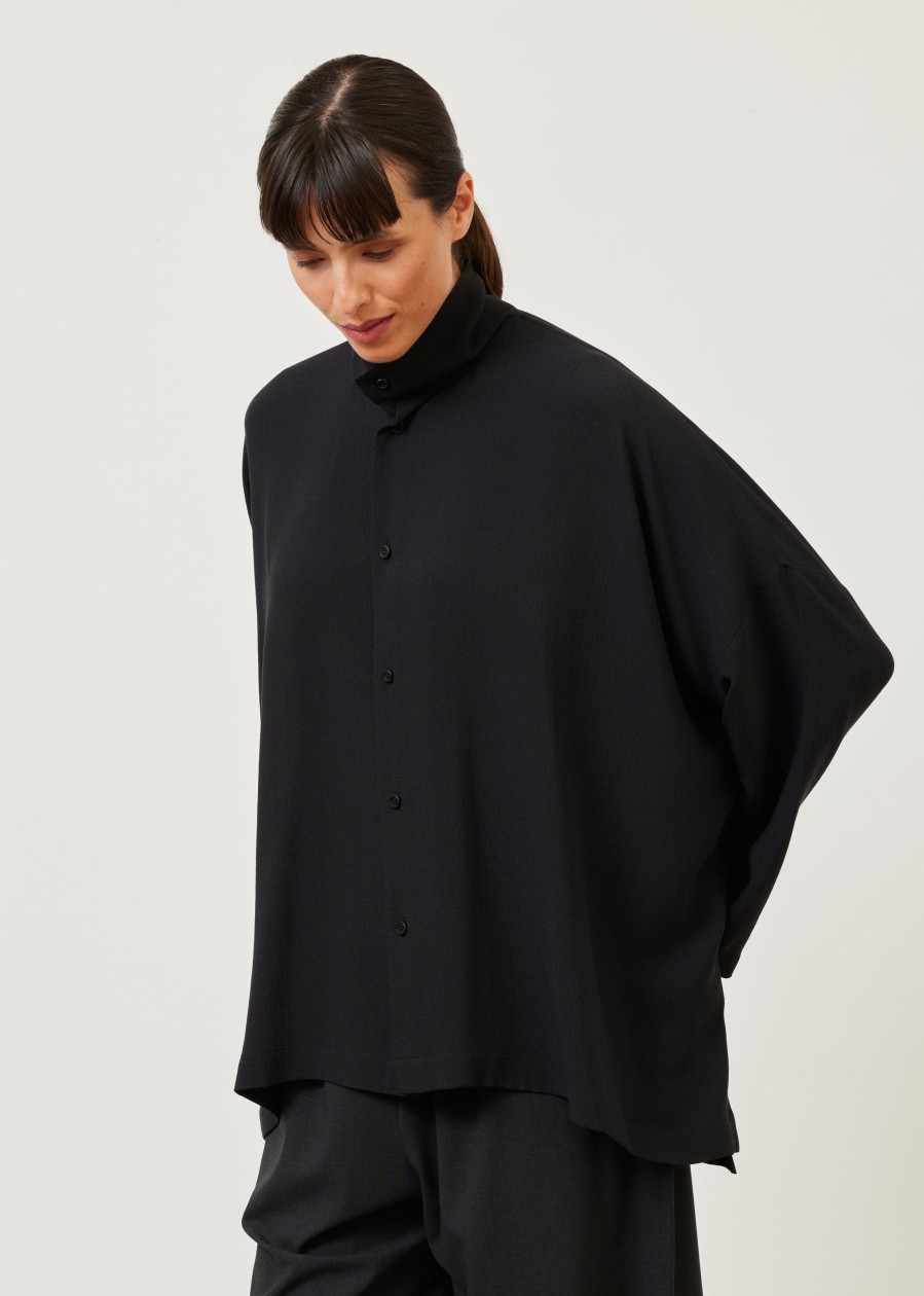 Women Eskandar | Wide Longer Back Scrunch Neck Shirt-Mid Plus Black