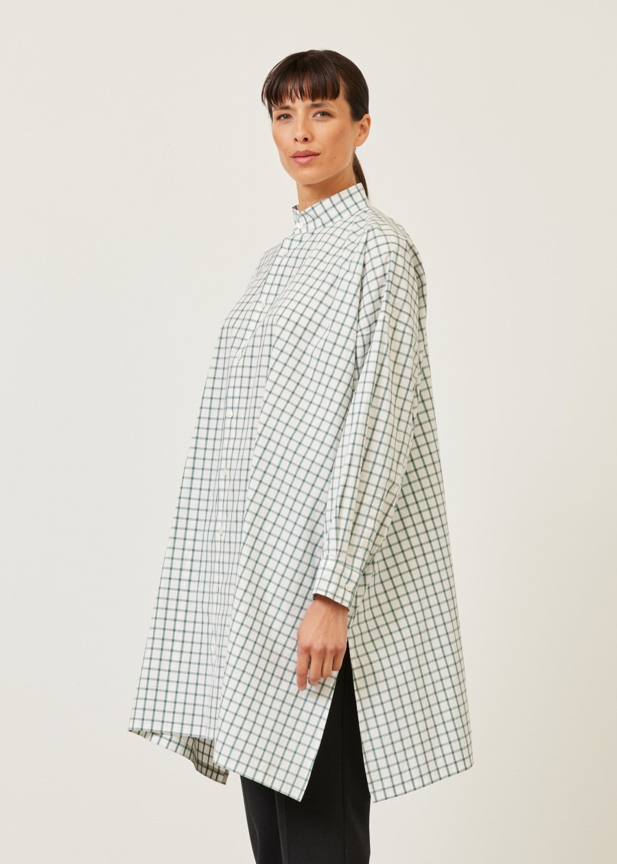 Women Eskandar | Wide A-Line Collarless Shirt-Very Long With Slits Willowgreen