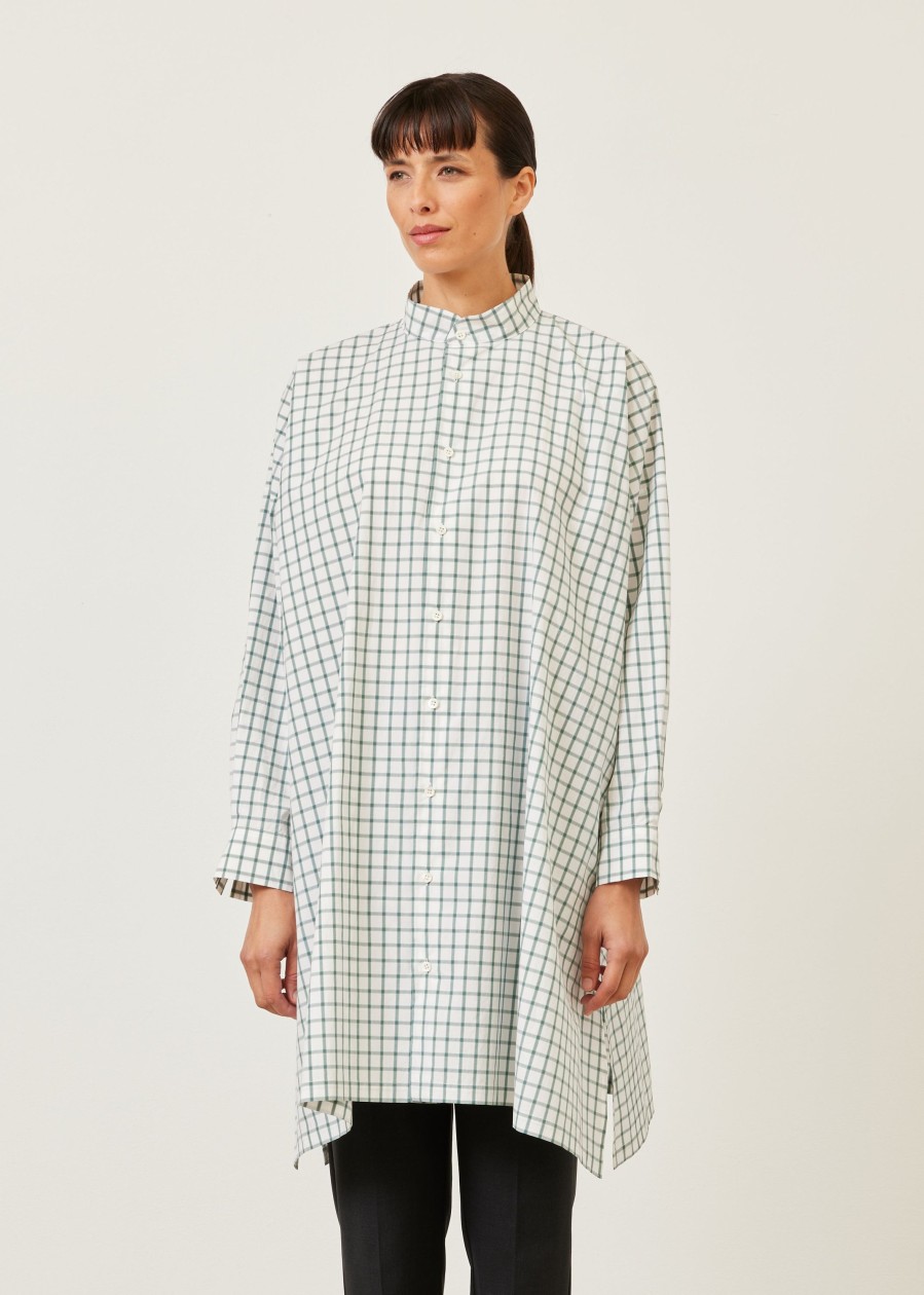 Women Eskandar | Wide A-Line Collarless Shirt-Very Long With Slits Willowgreen