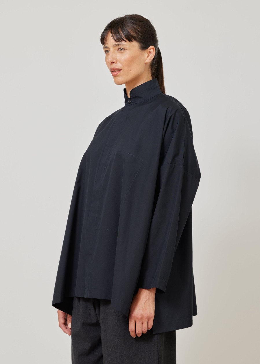 Women Eskandar | Wide Double Stand Collar Shirt With Hidden Pocket-Long Black