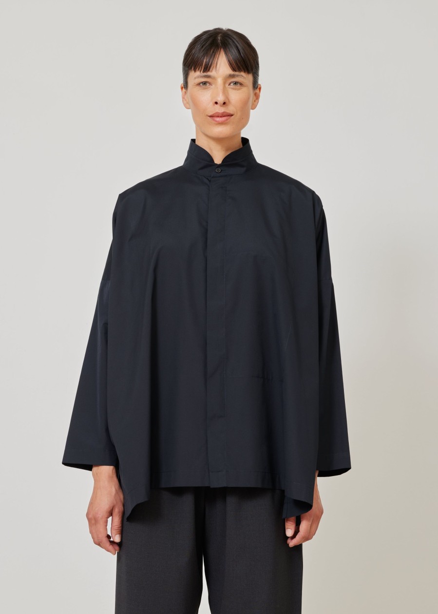 Women Eskandar | Wide Double Stand Collar Shirt With Hidden Pocket-Long Black