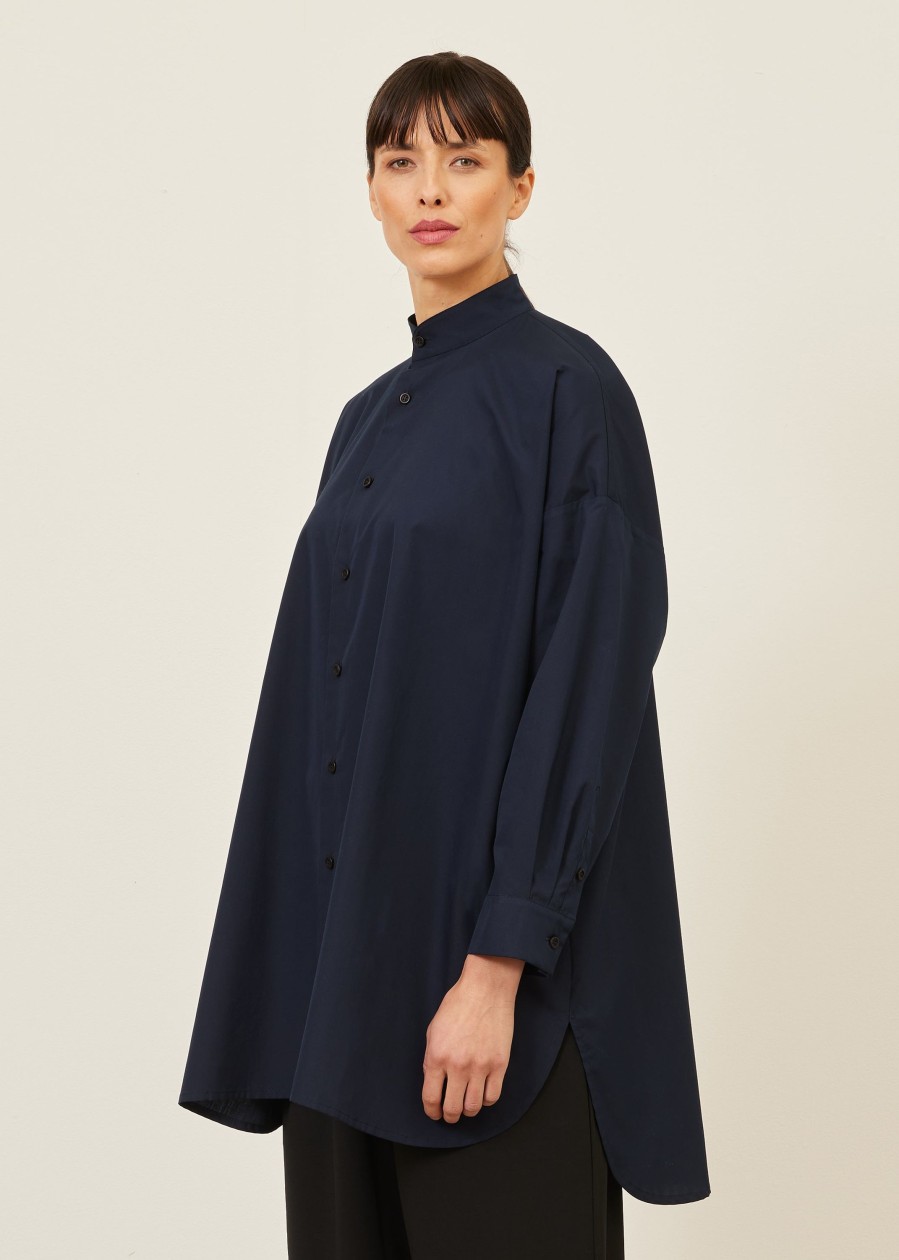 Women Eskandar | Wide A-Line Collarless Classic Shirt-Long Plus Navy