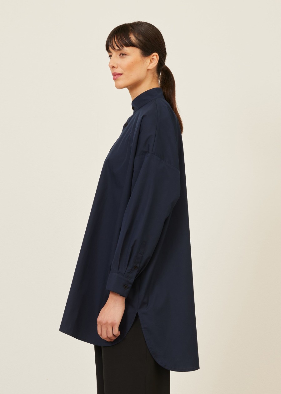 Women Eskandar | Wide A-Line Collarless Classic Shirt-Long Plus Navy