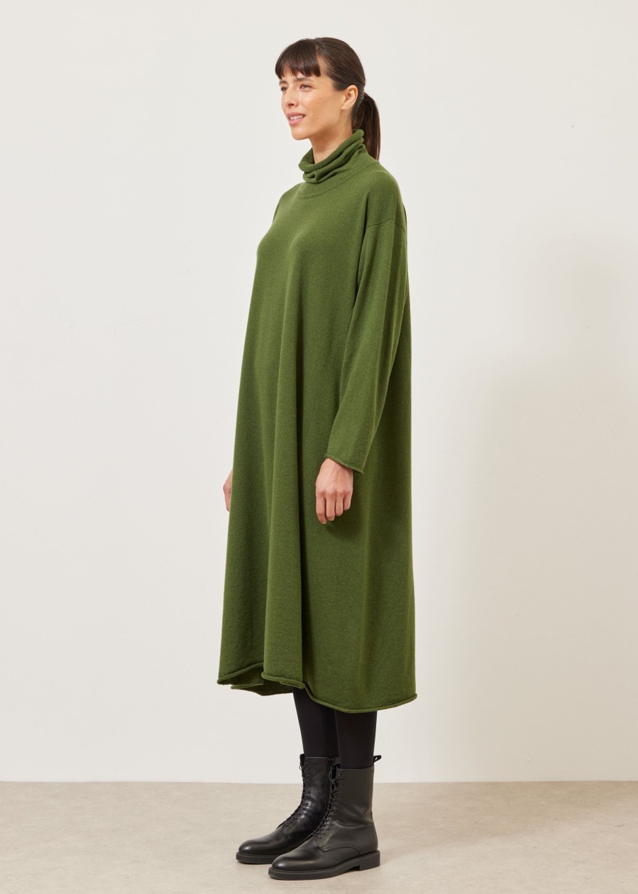 Women Eskandar | Side Panelled A-Line Scrunch Neck Knit Dress Ferngreen