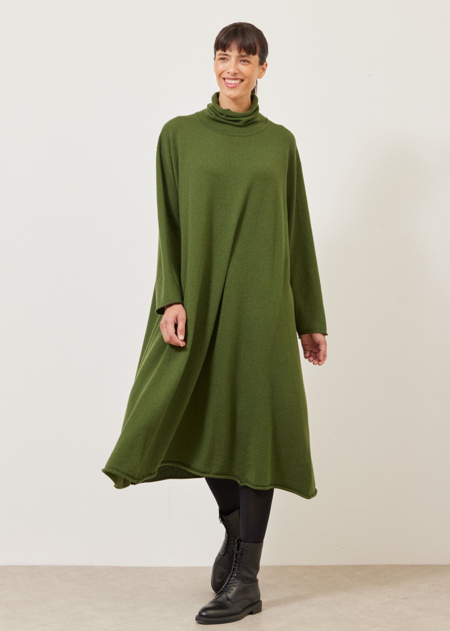 Women Eskandar | Side Panelled A-Line Scrunch Neck Knit Dress Ferngreen